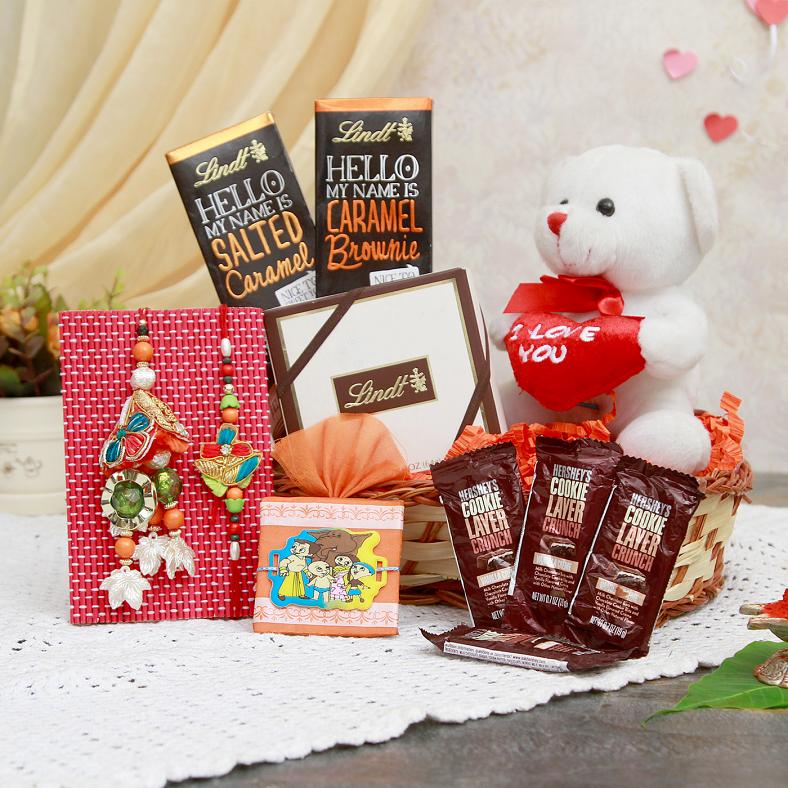 Beautiful Family Rakhi Set w/ Chocolate Hamper In A Gift Basket