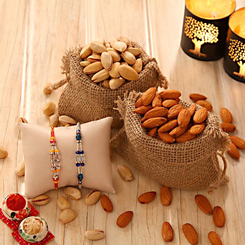 Two Beads Rakhis w/ Almonds & Pistas for Raksha Bandhan