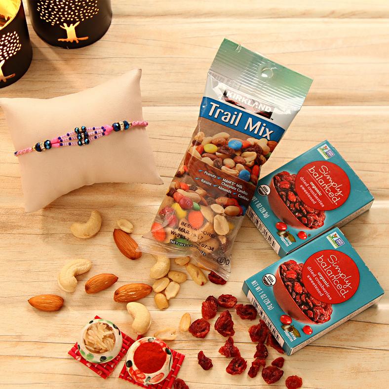 Gift Hamper - Beads Rakhi w/ Trail Mix & 2 Pack of Cranberries