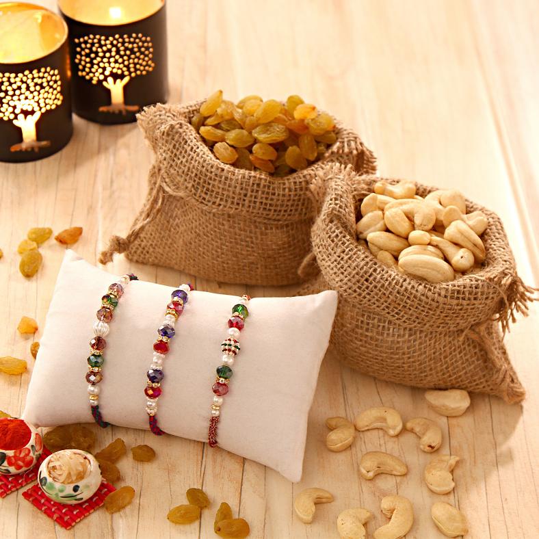 Three Beads Rakhi w/ Cashew & Kishmish