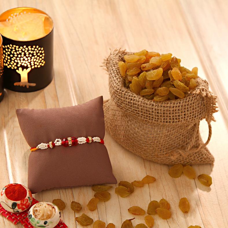 Traditional Beads Rakhi w/ Kishmish & Roli-Chawal