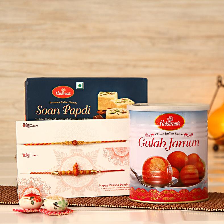 Rakhi Gift Hamper for Brother, Two Rakhis w/ Soanpapdi & Gulab Jamun