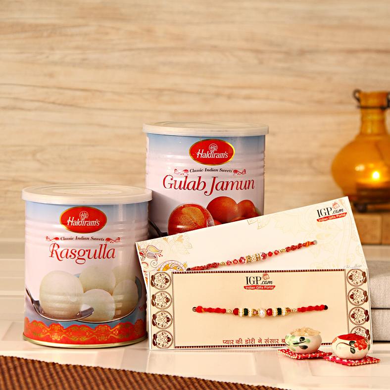 Rakhi Gift Hamper for Brother, Two Rakhis w/ Rasgulla & Gulab Jamun