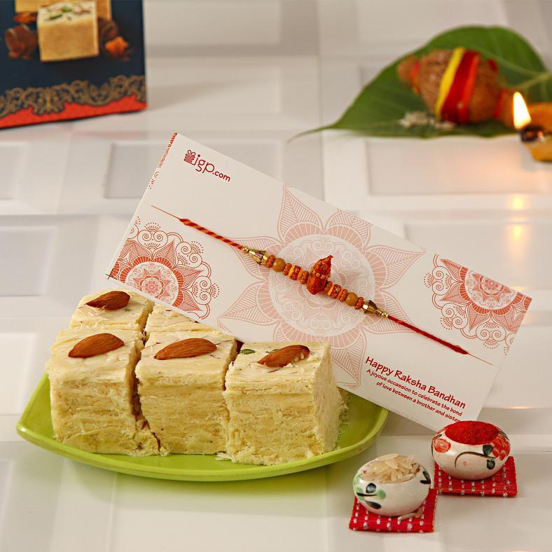 Rakhi Gift Hamper for Bhaiya, Rudraksh Rakhi w/ Soan Papri