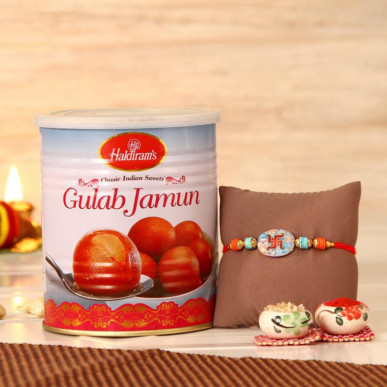 Auspicious Swastik Rakhi w/ Gulab Jamun Gift Hamper