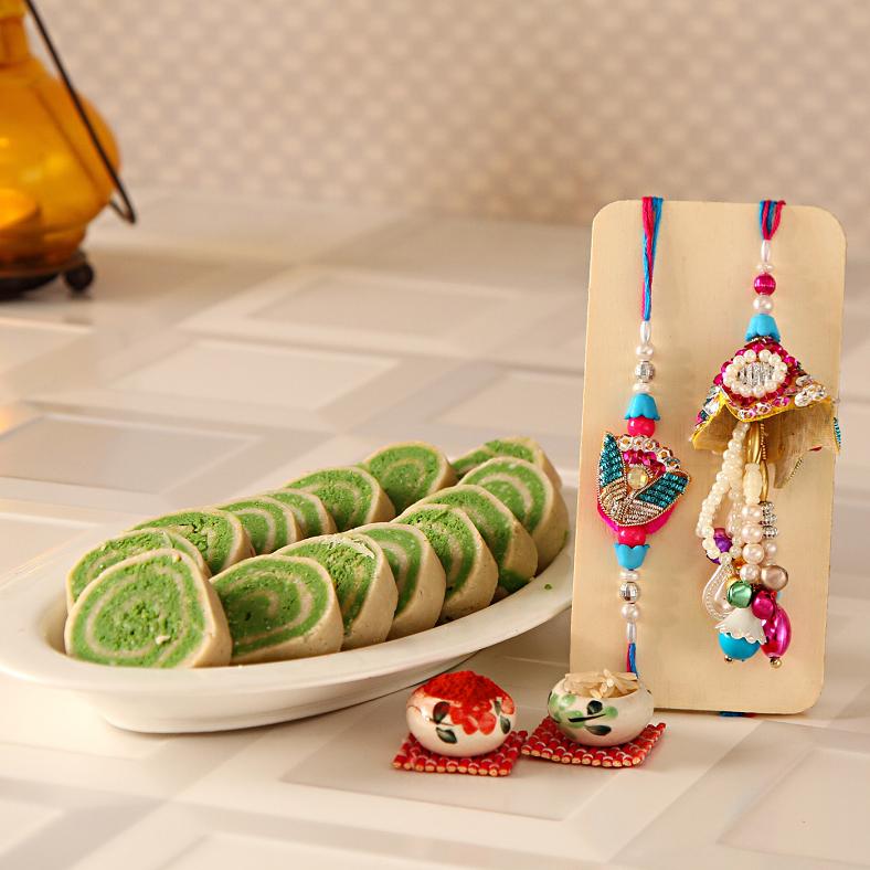 Bhaiya-Bhabhi Traditional Gift Hamper, Rakhi w/ Kaju Pista Roll