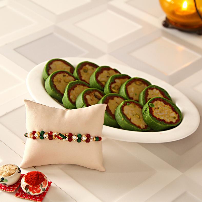 Stylish CZ & Beads Rakhi w/ Sweets for Brother