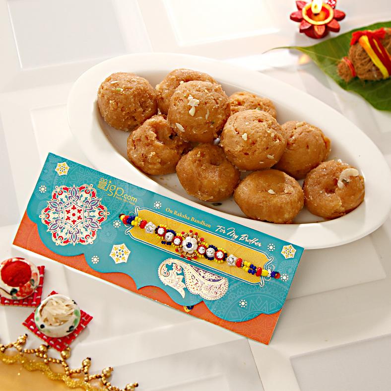 CZ Rakhi Bracelet w/ Delicious Balushahi Sweets