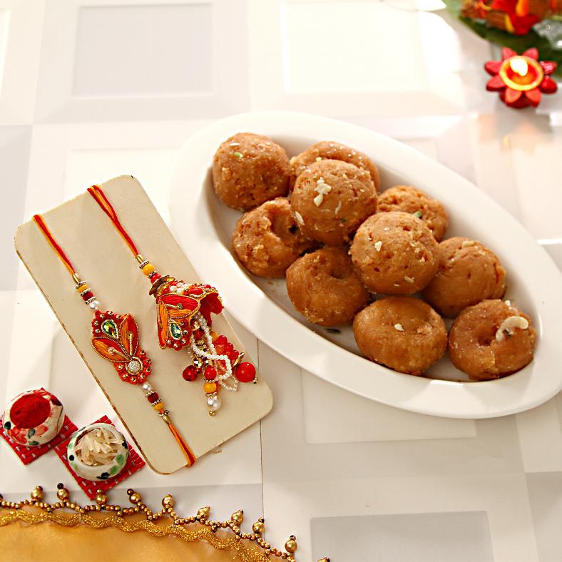 Send Bhaiya-Bhabhi Rakhi w/ Balushahi Sweets in USA