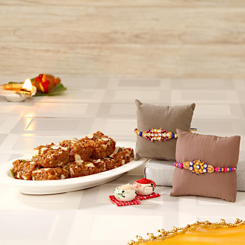 Rakhi Gift, Set of Two Rakhis w/ Doda Barfi Sweets