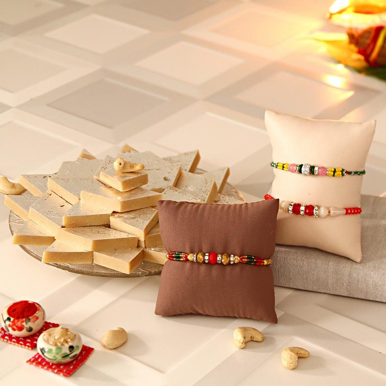 Set of Three Rakhis & Kaju Katli Sweets Combo for Raksha Bandhan