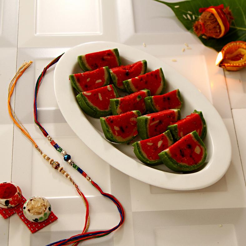 Set of Two Rakhis w/ Kaju Sweets Combo for Raksha Bandhan