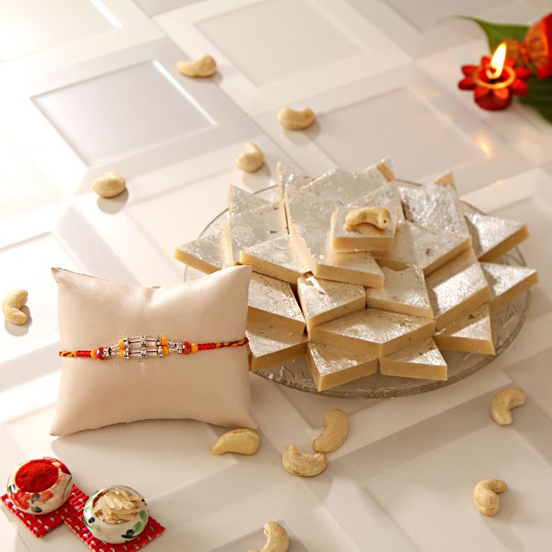 Stone & Beads Rakhi w/ Kaju Katli Sweets