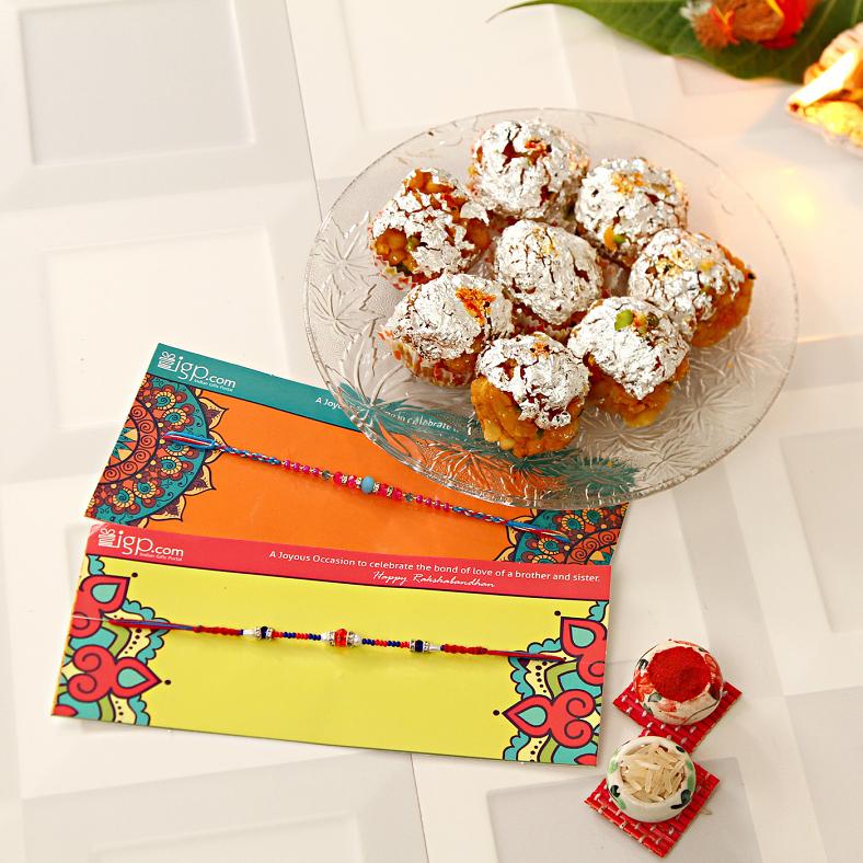 Set of Two Rakhi & Indian Sweet Laddoos Combo