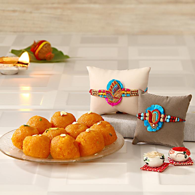 Raksha Bandhan Gift - Set of Two Rakhi w/ Boondi Laddoo