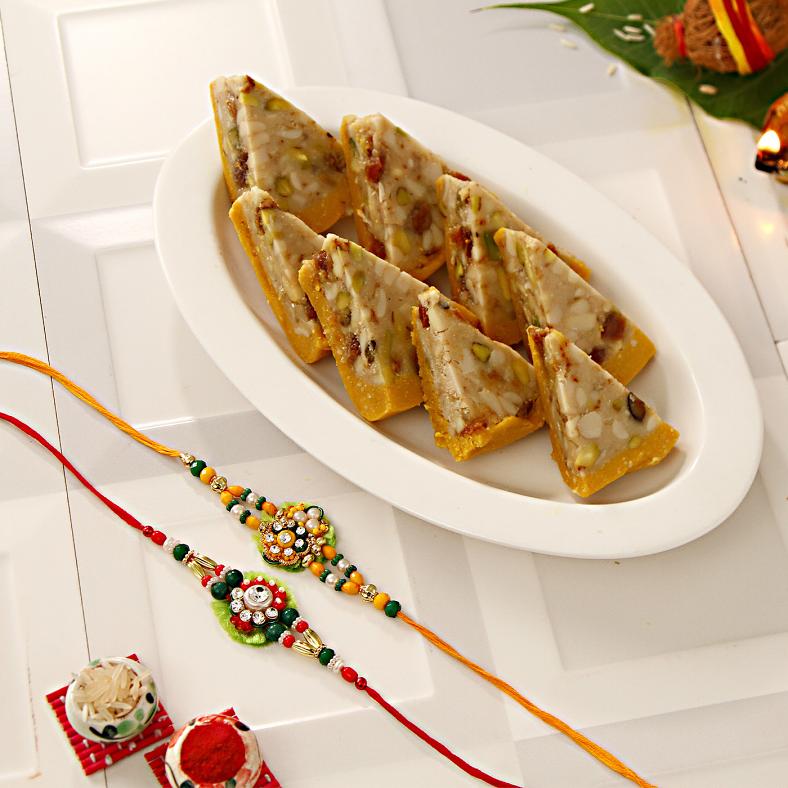 Elegant Set of Two Rakhis w/ Dry Fruits Sweets