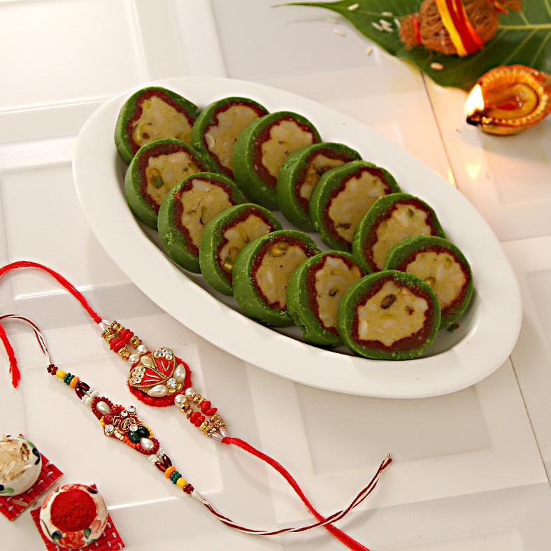 Pearl & Beads 2 Rakhi Set w/ Sweets for Brother
