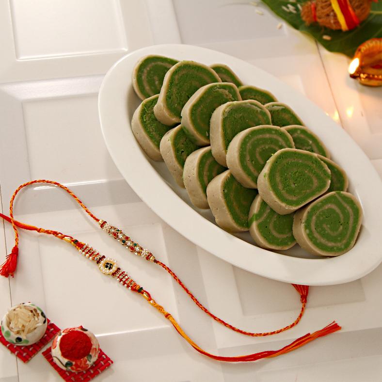 Set of Two Rakhis w/ Kaju-Pista Sweets Combo Gift