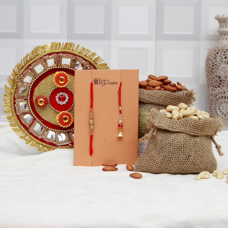 Bhaiya Bhabhi Rakhi w/ Dryfruits & Puja Thali Gift Hamper
