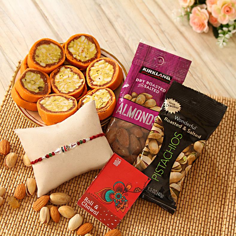 Rakhi Gift - Beads Rakhi & Sweets w/ Roasted Almonds & Pista