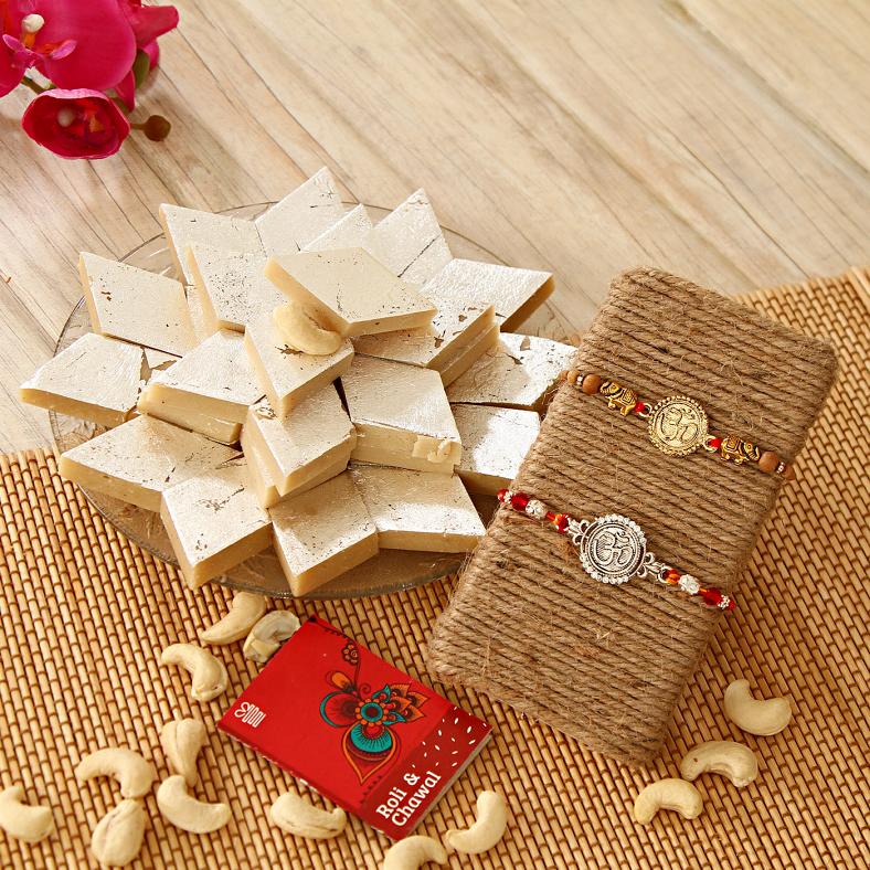 Two Beautiful Om Rakhis w/ Kaju Katli