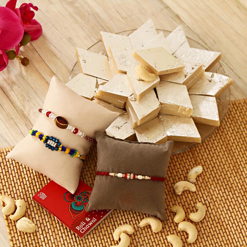 Three Beads Rakhis w/ Kaju Katli Mithai