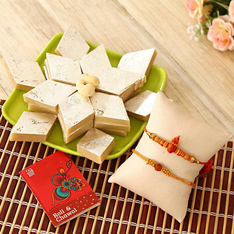 Two Traditional Rakhis & Kaju Katli Gift Hamper