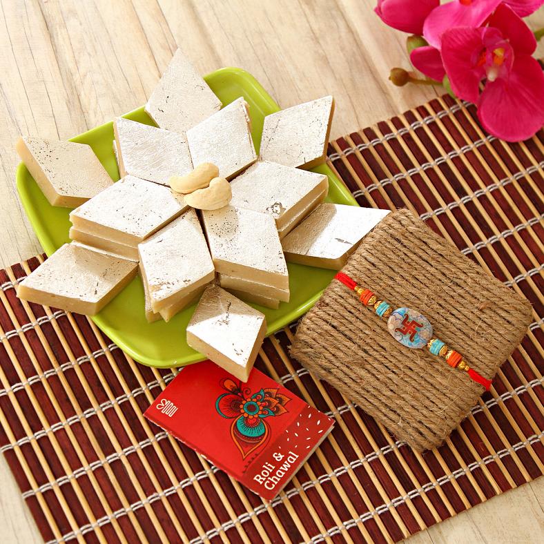 Swastik Design Rakhi w/ Kaju Katli Mithai