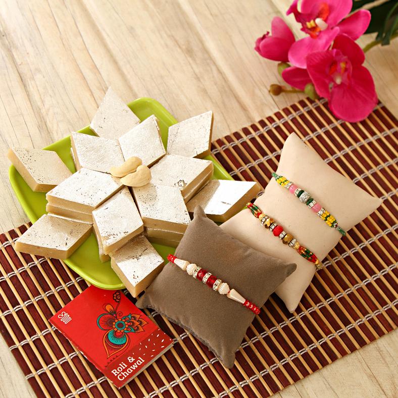 Three Beads Rakhis w/ Kaju Katli Indian Mthai Gift