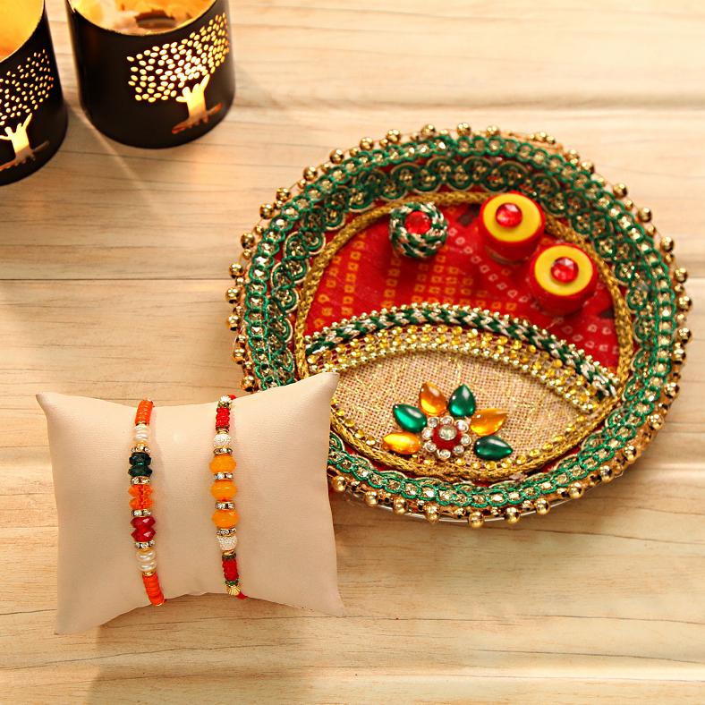 Beautiful 2 Rakhi Bracelet w/ Puja Thali Gift Hamper