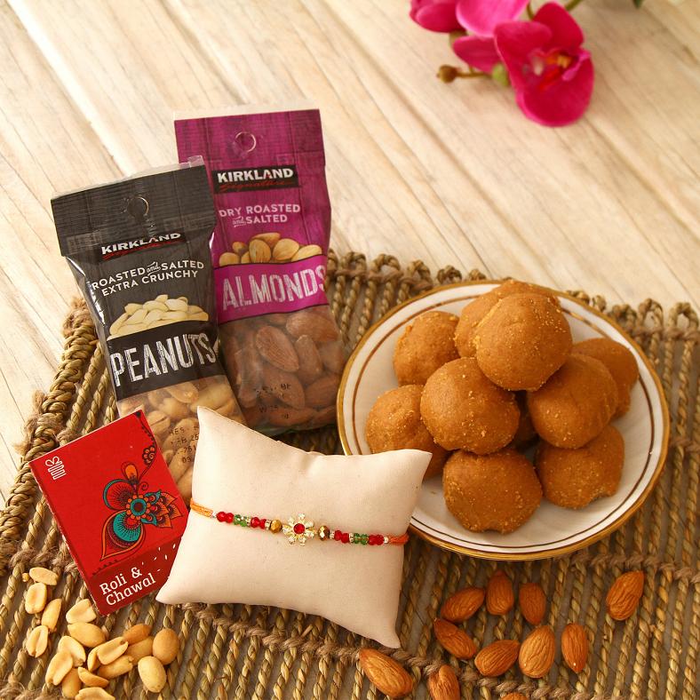 Floral Design Rakhi & Tasty Laddoos w/ Almonds & Peanuts