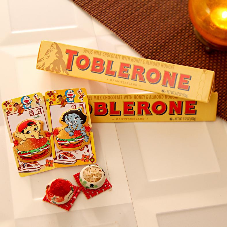 Set of Two Ganesha & Krishna Rakhi w/ Toblerone for Brother