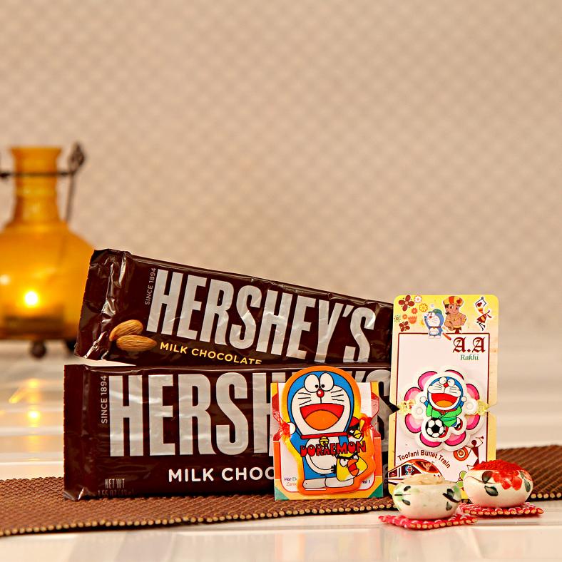 Set of Two Doraemon Rakhis Hershey's Chocolates for Kids