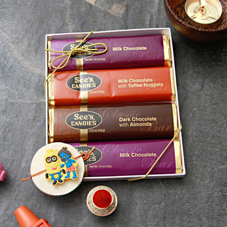 Krishna & Minion Rakhi w/ See's Chocolates for Kids