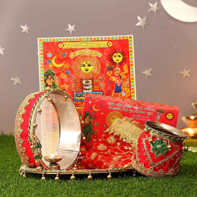 Decorated Karva Chauth Pooja Kit 29210 Buy Readymade Pooja Pack Online