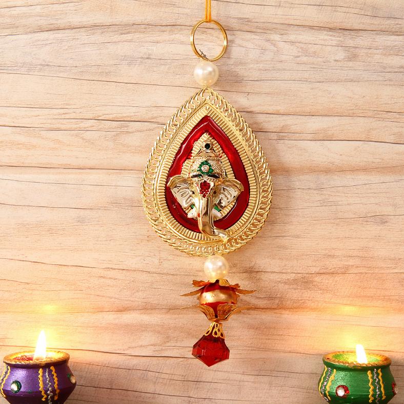 Leaf Shaped Metallic Ganesha Wall Hanging Decor 7"
