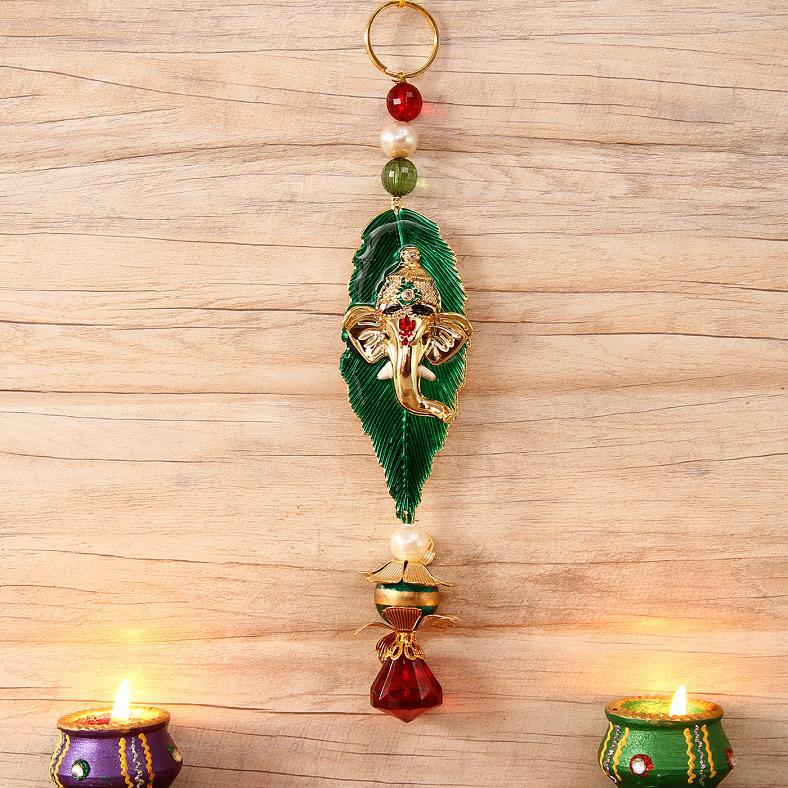 Leaf Shaped Metallic Ganesha Car Hanging 9"