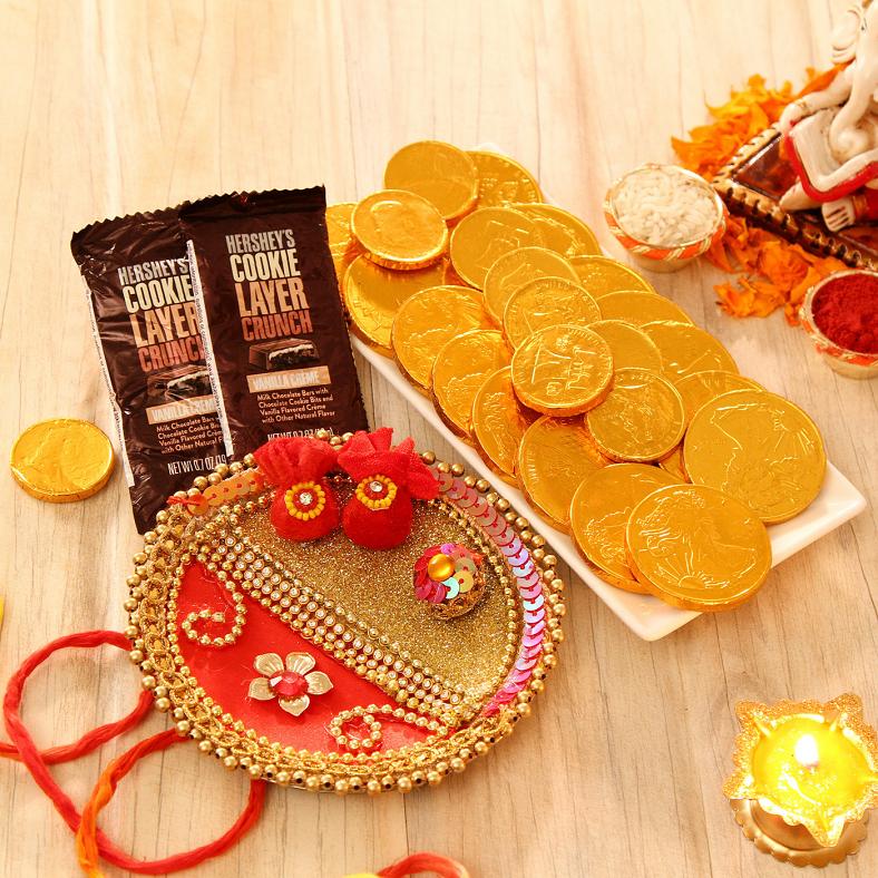 Bhaidooj Gift, Tikka Puja Thali w/ Gold Coins & Hersheys Chocolates