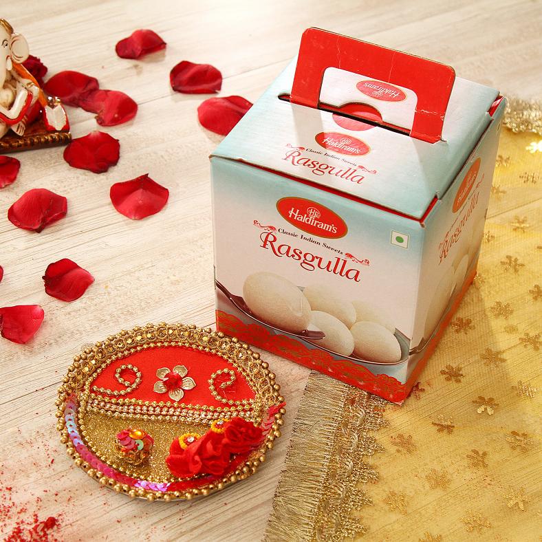 Decorative Tikka Pooja Thal w/ Soft 1 Kg Rasgullas