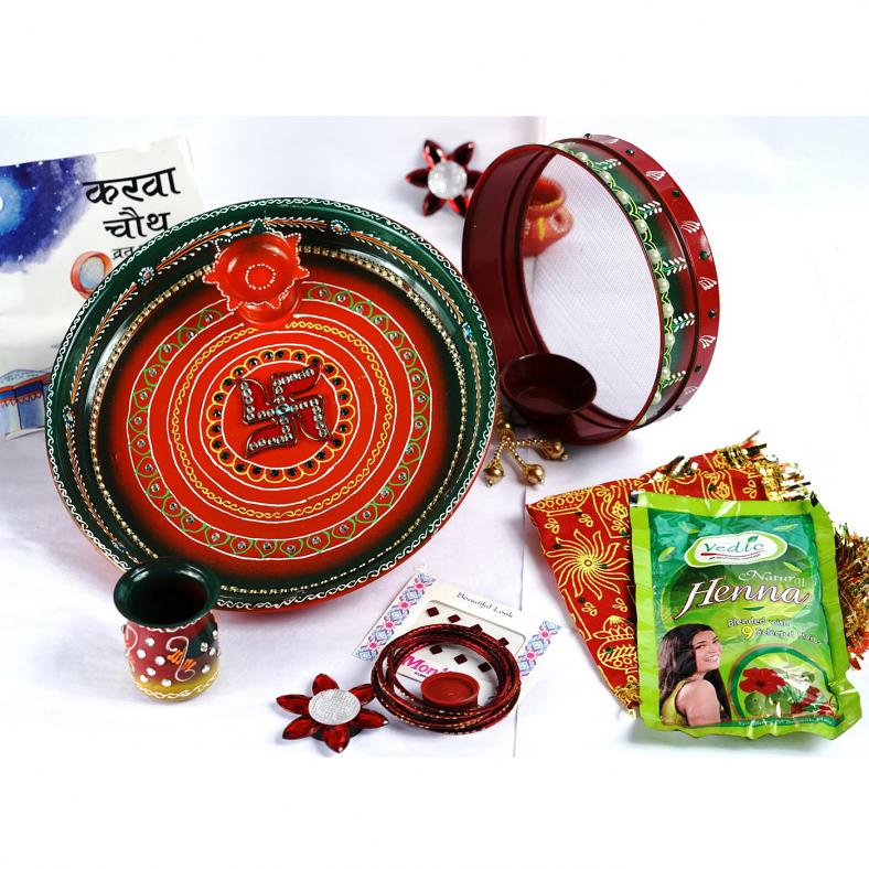 Karwa Chauth Puja Kit, Pooja Thali w/ Chalni & Shringar
