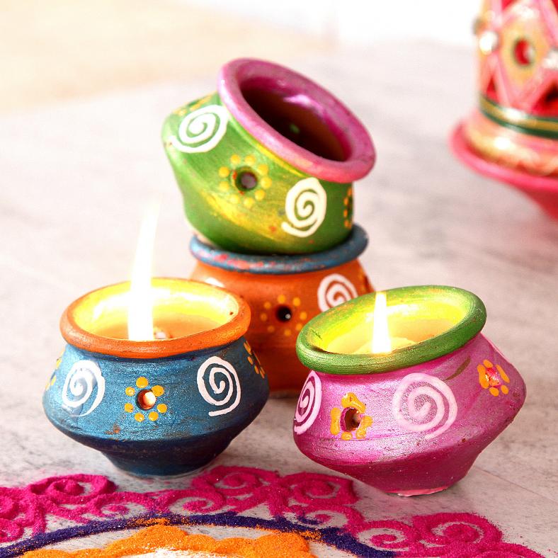 Set of 8 Double Shaded Painted Diwali Clay Diyas