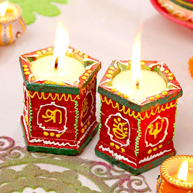 Set of 2 Colorful Traditionally Painted Clay Diya
