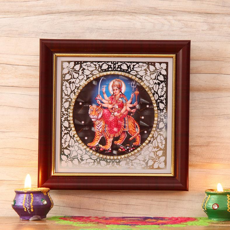 Goddess Amba Maa Durga Wooden Framed Decor 6"