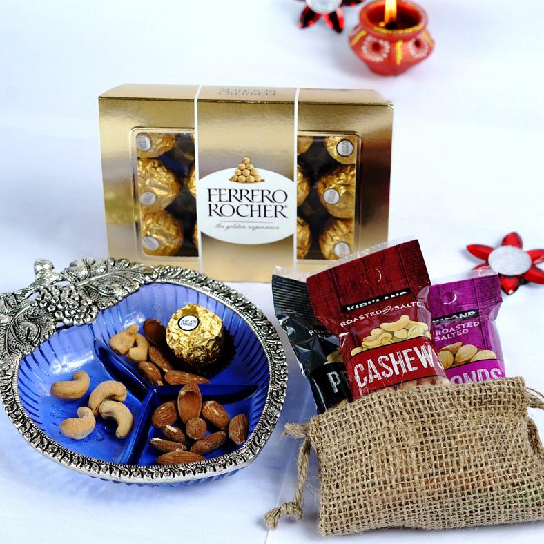 Bhaidooj Tikka Gift w/ Ferrero Rocher & Dryfruits in White Metal Bowl
