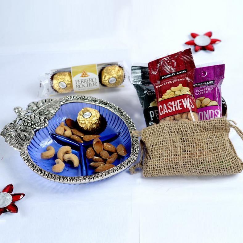 Bhaidooj Tikka w/ Ferrero Rocher & Dryfruits in Metal Bowl