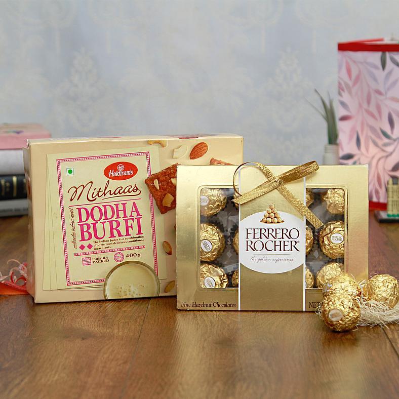 Ferrero Rocher 12 Pcs Chocolate Box w/ Dodha Barfi 340 Gms