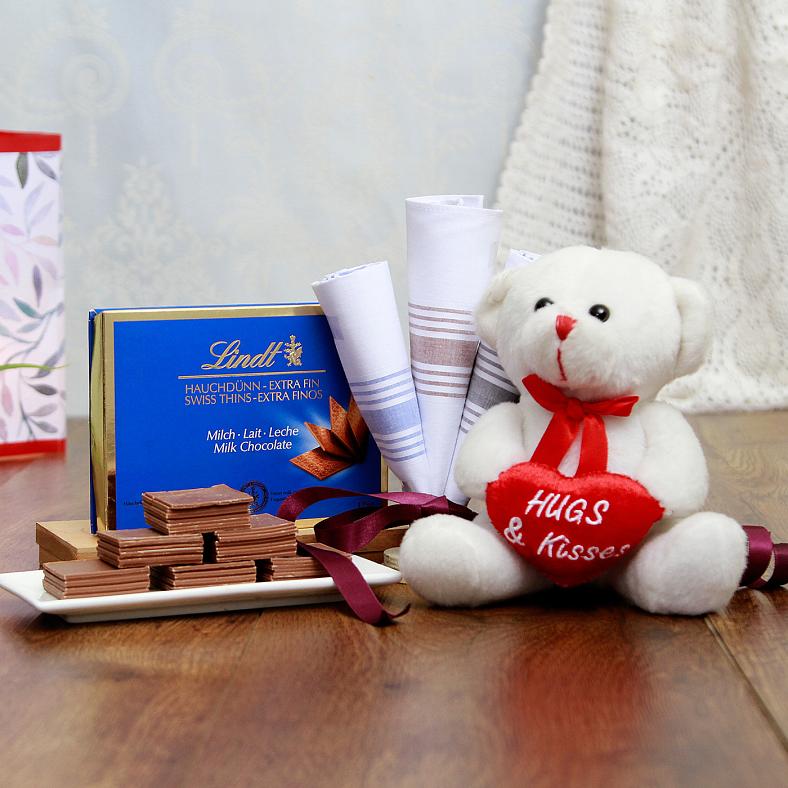 Lindt Milk Chocolate Box w/ Set of 3 Handkerchief & Teddy