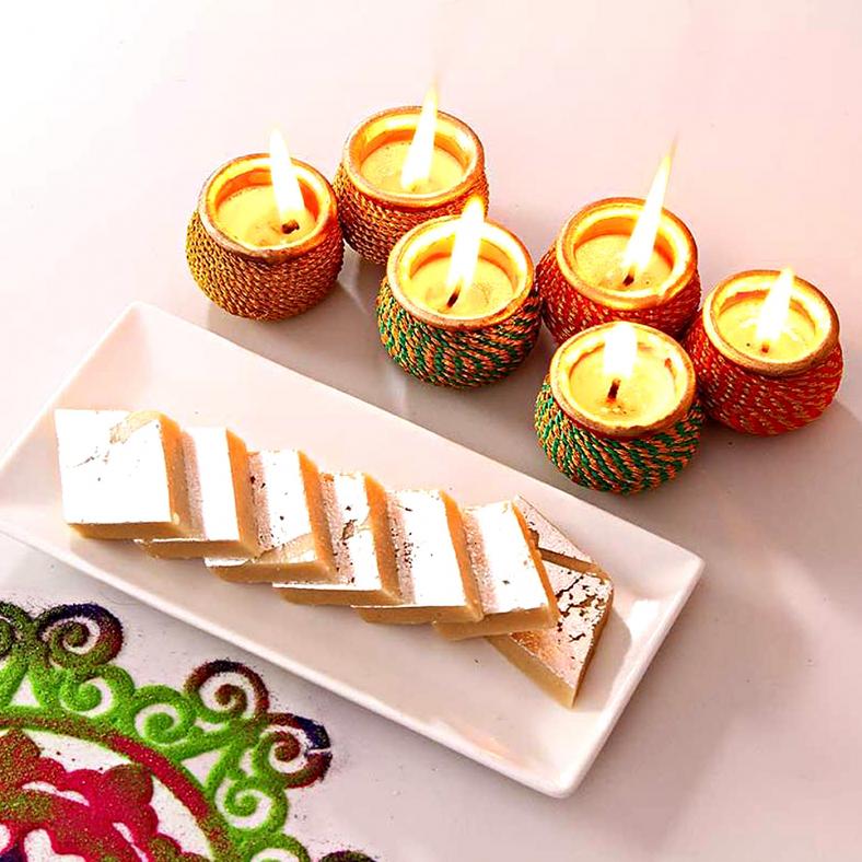 Festive Offer Designer Set of 6 Clay Diyas w/ Kaju Katli