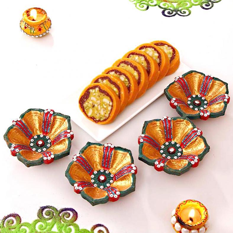 Set of 4 Beautiful Clay Diyas w/ Orange Dry Fruit Casatta Roll