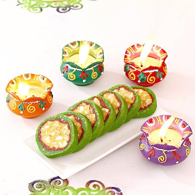 Hand Painted 4 Clay Diyas w/ Kaju Pista Cassata